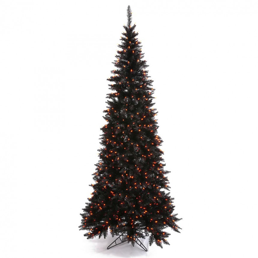 Artificial Black Slim Fir Halloween Christmas Tree with Orange Lights For Christmas 2014