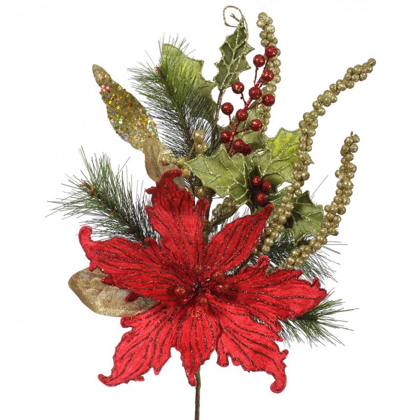 17 inch Red Velvet Poinsettia Pine Christmas Spray For Christmas 2014