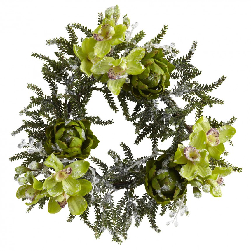 22 inch Artificial Iced Cymbidium & Artichoke Wreath For Christmas 2014