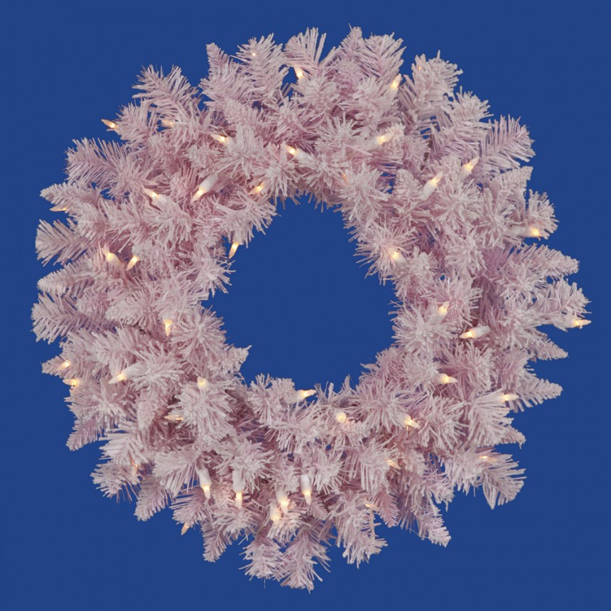 24 inch Pink Flocked Spruce Wreath For Christmas 2014