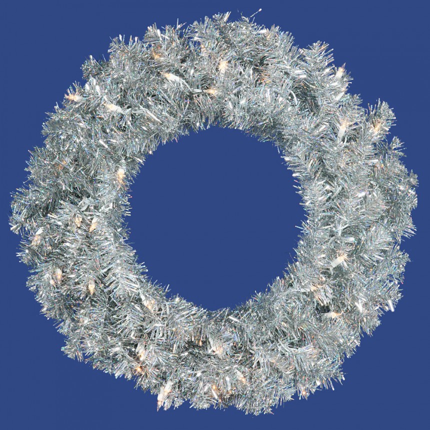 24 inch Silver Wreath with Clear Lights For Christmas 2014