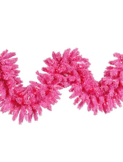 9 foot Flocked Pink Garland with Pink Lights For Christmas 2014