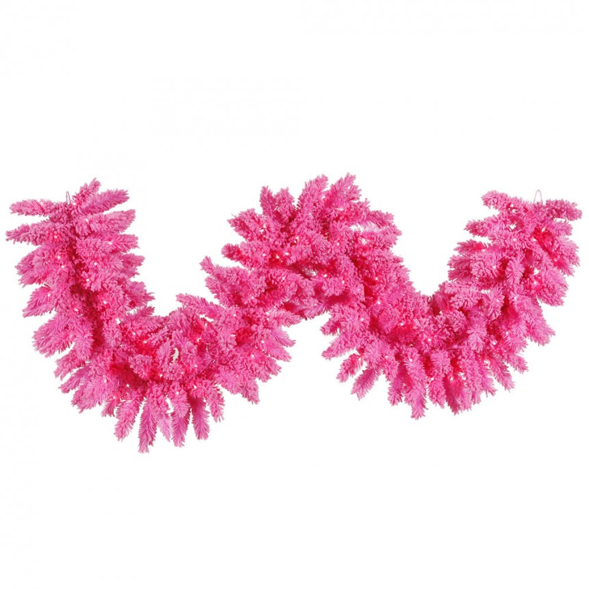 9 foot Flocked Pink Garland with Pink Lights For Christmas 2014