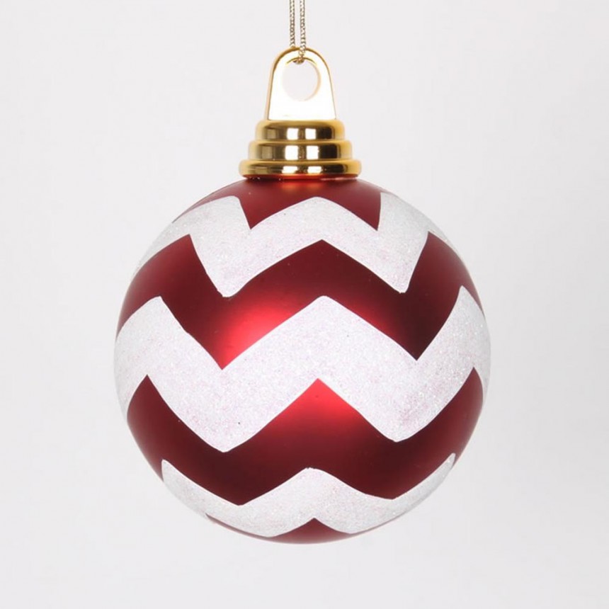 3.93 inch Red-White Matte-Glitter Chevron Christmas Ball Ornament For Christmas 2014